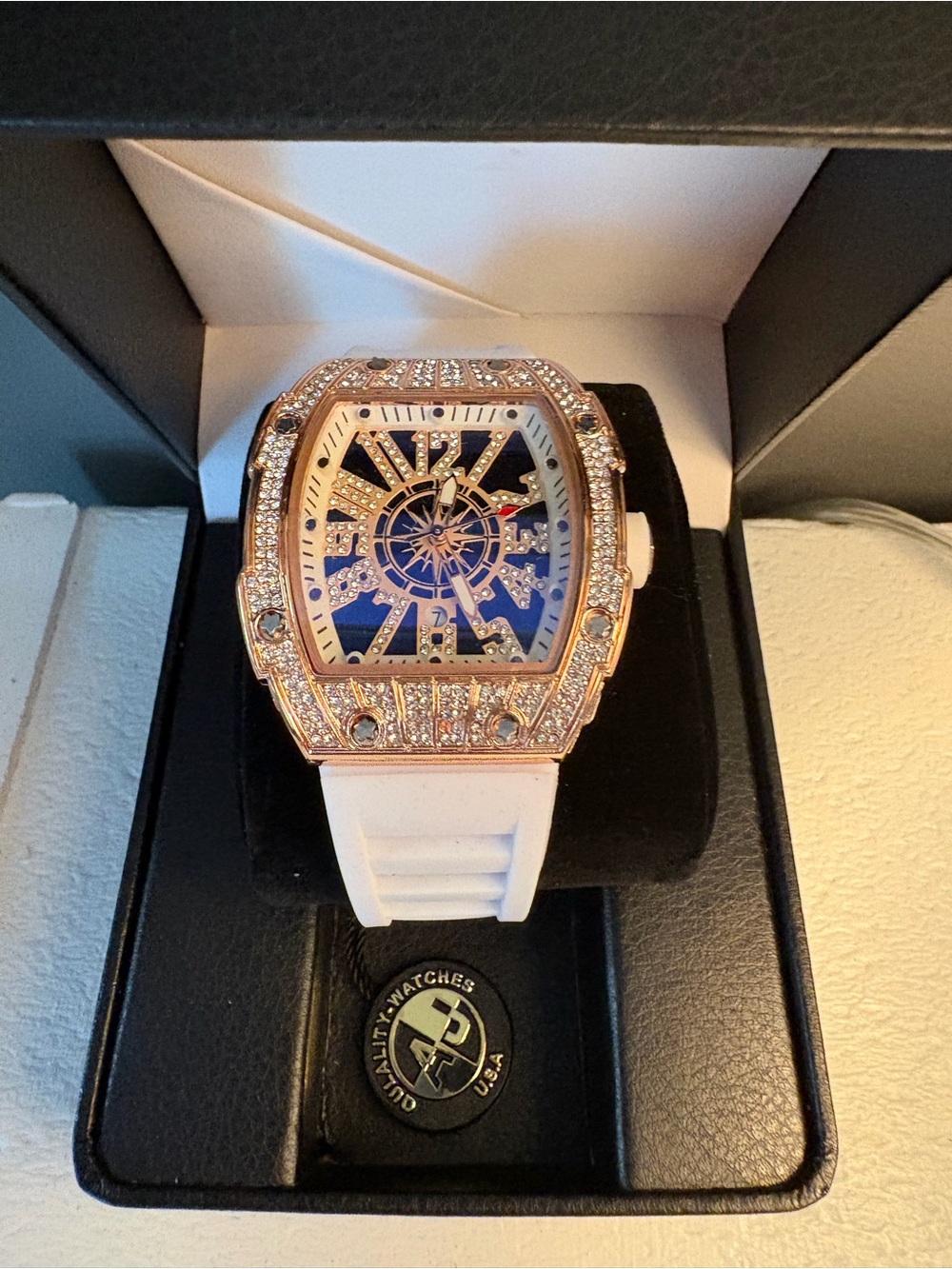 AJ Brand Diamond-Style Blue Dial Watch with White Strap